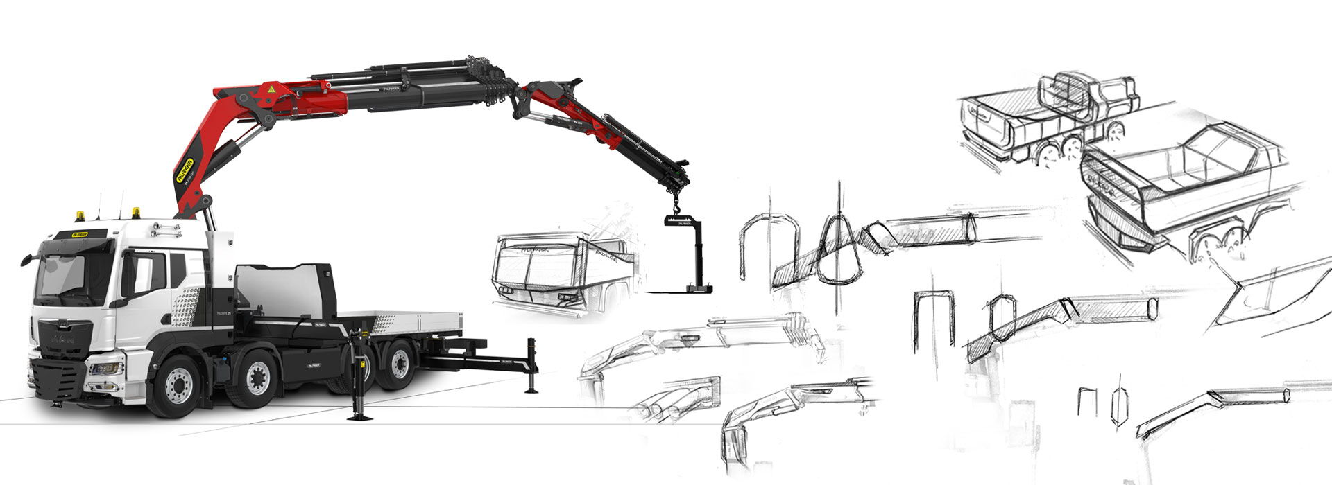Skizzen und Rendering aus dem Designprozess des Lkw-Komplettaufbaus