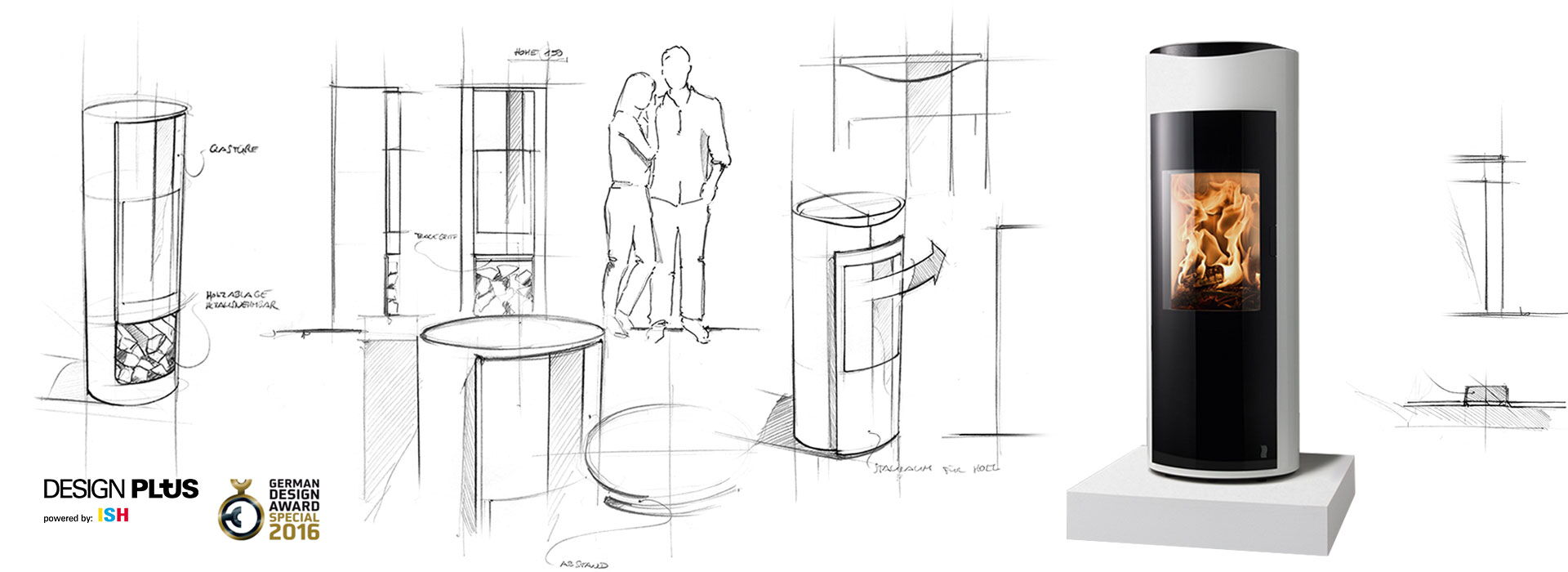 Skizzen und Rendering aus dem Designprozess des Ofens
