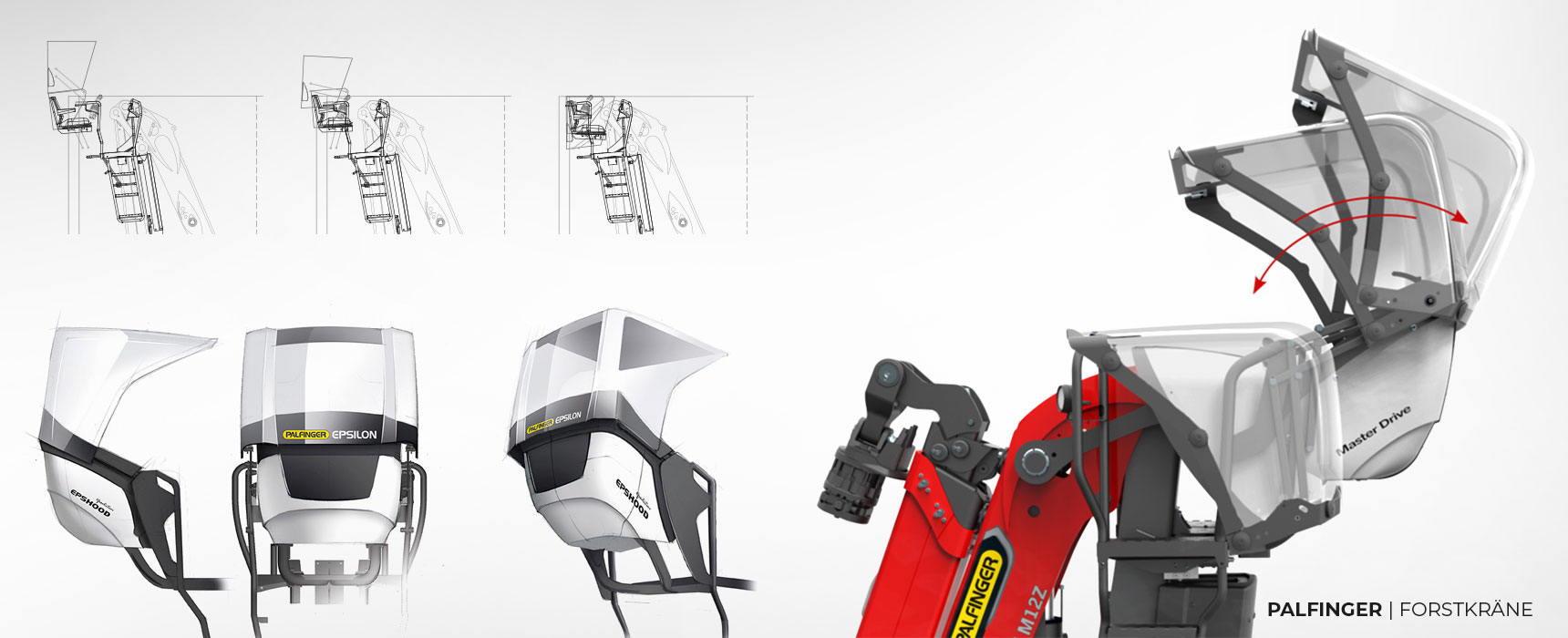 Ansichten des PALFINGER EPSILON-Hochsitzes "Master Drive" mit Kranfahrerschutz "EPSHOOD"